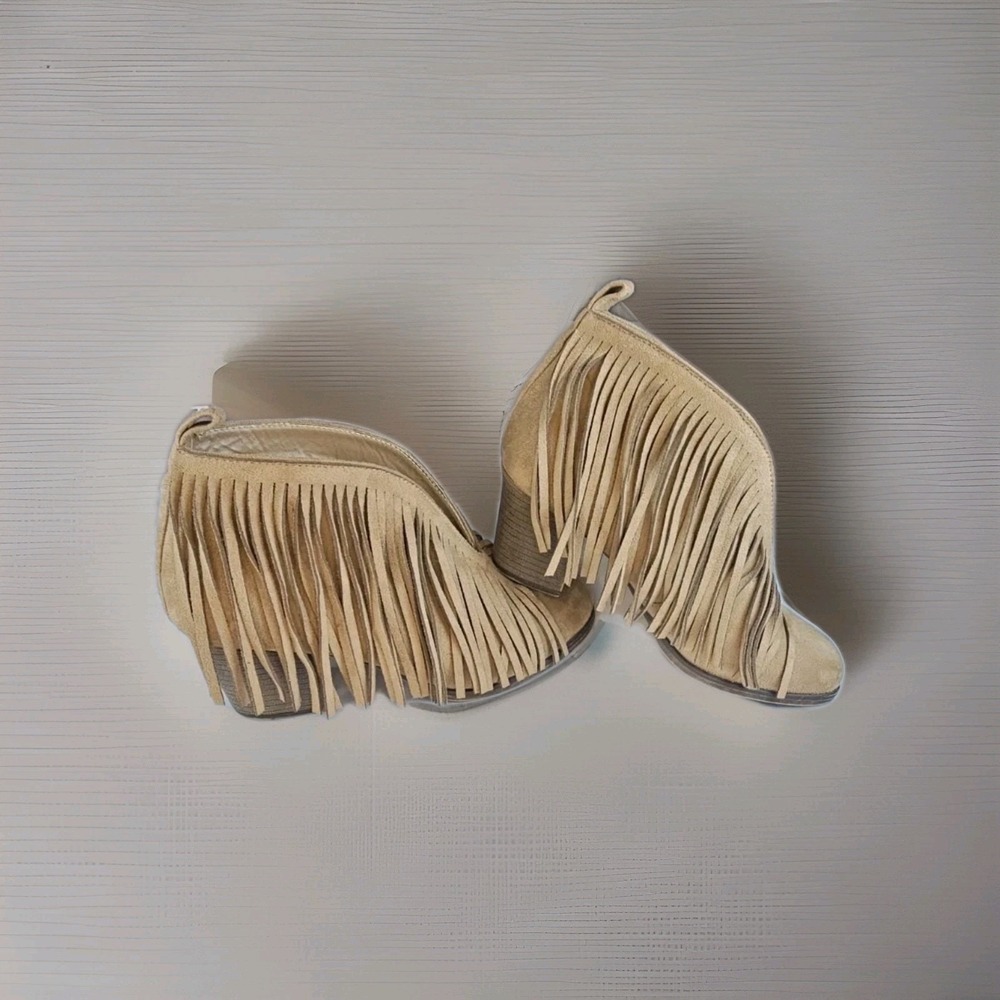Mata Fringe Ankle Booties Sz 8.5M | Western Boho Suede Heel Boot | Lt. Tan/brown
